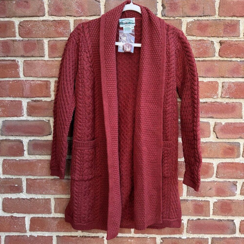Aran Crafts Ireland 100% Merino Wool Cable Knit Long Cardigan rust XXS NEW